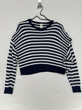 PINK Victoria's Secret Striped Crop Sweater Womens Medium Blue White Crewneck